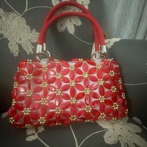 Red Floral Beaded Handbag NWOT